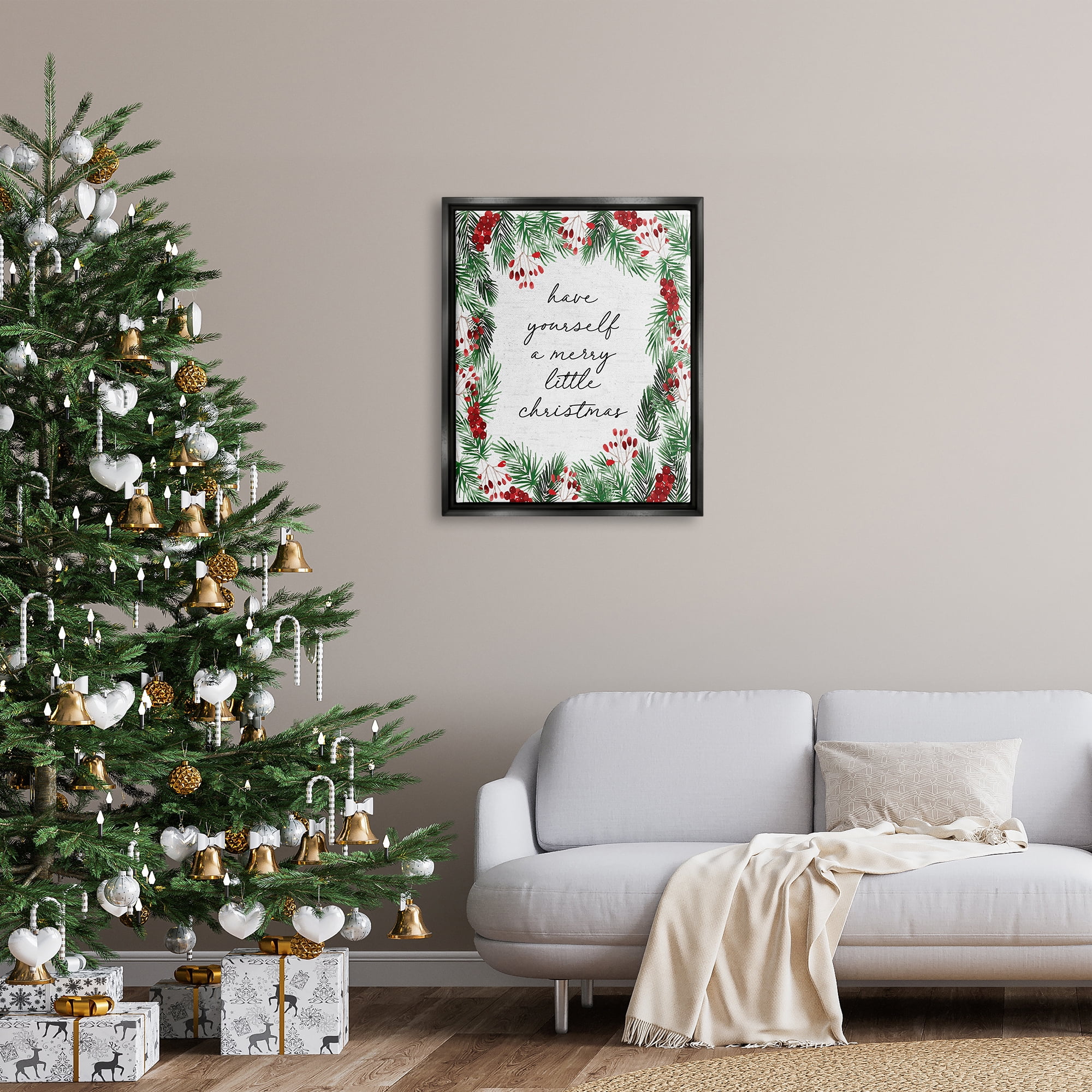 Stupell Industries Merry Little Christmas Script Holiday Painting Black Floater Framed Canvas Art Print Wall Art, 25 x 31