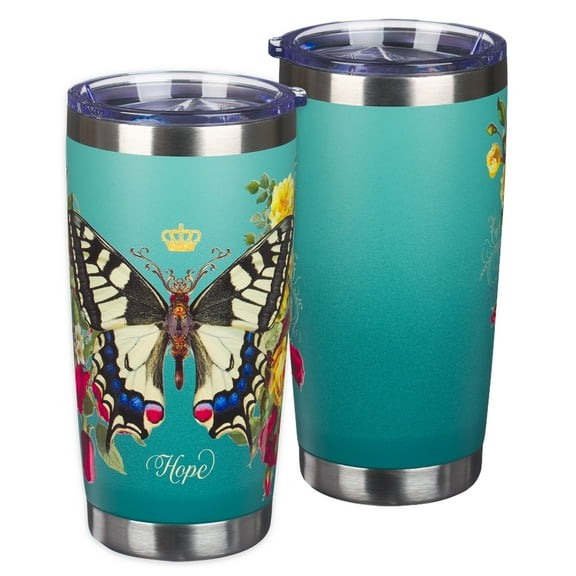 Christian Art Gifts Large Stainless Steel Double Wall Vacuum Insulated Butterfly Teal Travel Mug Tumbler for Women: Hope Inspirational Faith Based, BPA Free Multicolor Floral, Retractable Lid, 18 oz.