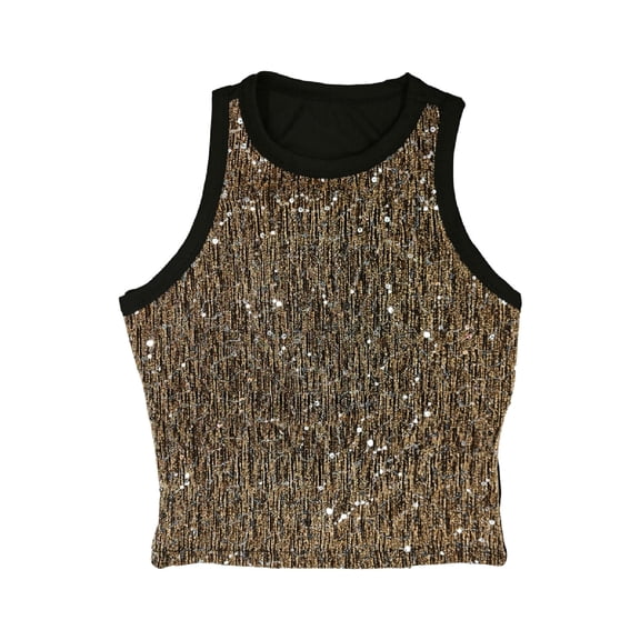 Nfurl Sequin Tank Tops for Women Fitted Crewneck Sleeveless Party Blouses Dressy Casual Night Out Concert Glitter Sparkly Tank Top Club Clothes Gold M