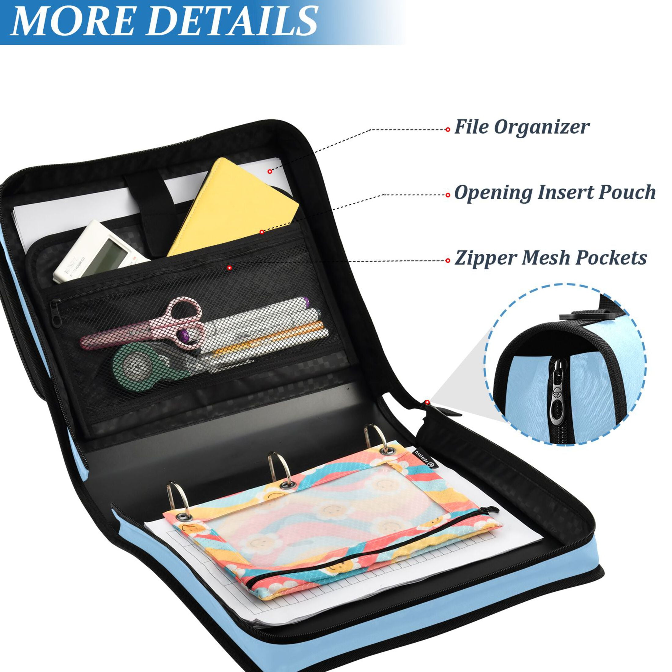 3 Ring Zipper Binder with Shoulder Strap Waterproof Trapper Keeper 2 Inch D-Ring 500 Sheets Capacity Light Sky Blue