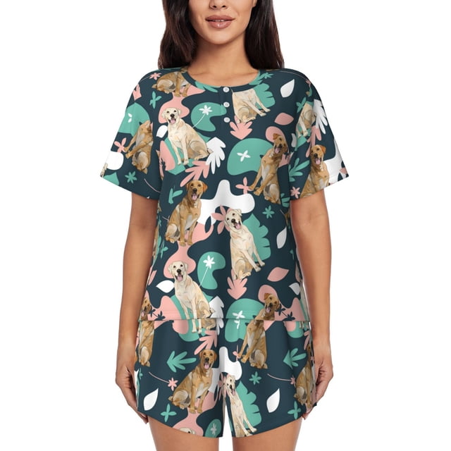 Cauagu Labrador Retriever Chien pour Femmes Ensemble de Pyjama Col Rond, Pyjamas à Manches Courtes Ensemble de Vêtements de Nuit Doux Ensemble de Pyjamas d'Été Ensemble de Détente 2 Pcs Pj-3TG