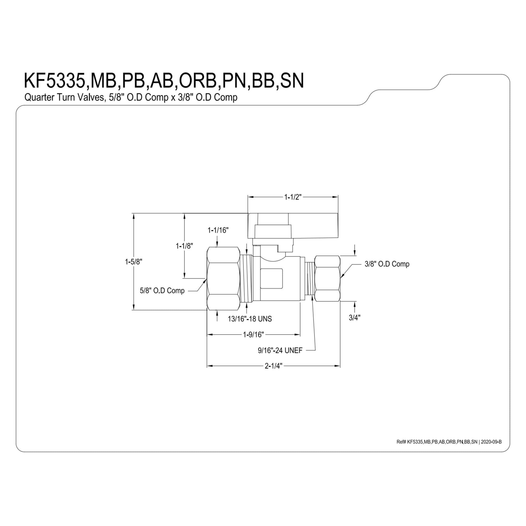 Kingston Brass KF5335PB 5/8-Inch O.D. Comp x 3/8-Inch O.D. Comp Quarter-Turn Straight Shut-Off Valve in Polished Brass