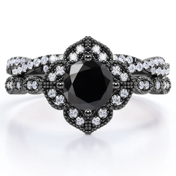 JeenMata Anillo Nupcial con Diseño Floral Milgrain Art Déco de 1,5 Quilates en Forma Redonda, Creado en Laboratorio, con Pavé Cruzado de Diamantes Negros y Moissanita Engastado en Plata