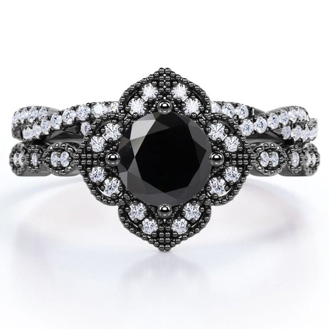 JeenMata Anillo Nupcial con Diseño Floral Milgrain Art Déco de 1,5 Quilates en Forma Redonda, Creado en Laboratorio, con Pavé Cruzado de Diamantes Negros y Moissanita Engastado en Plata