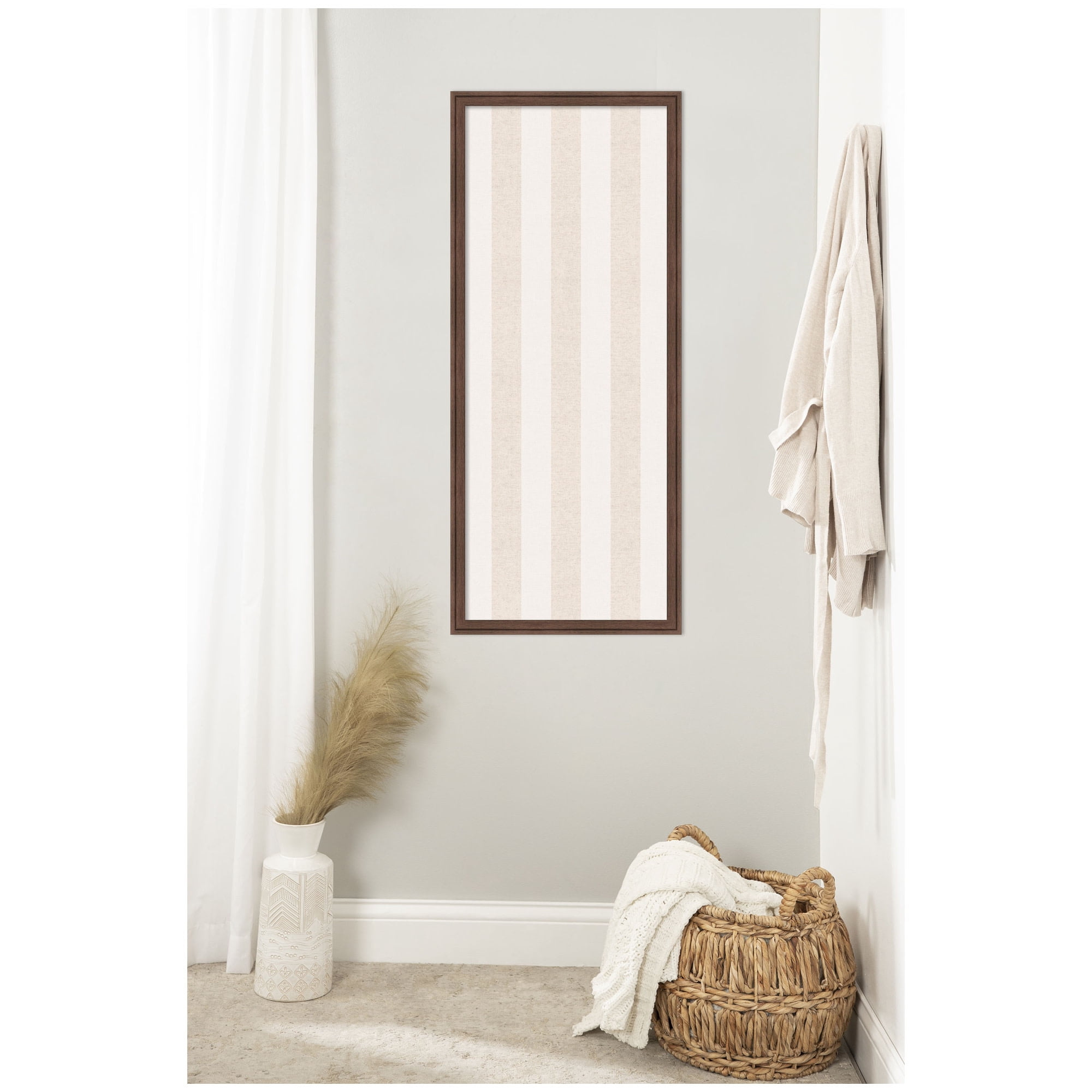 Kate and Laurel Framed Fabric Pinboard 18 x 42,  Printed Linen Classic Bulletin Board for Use as a Vision Board or Wall Organization, Florence Medium Brown Frame