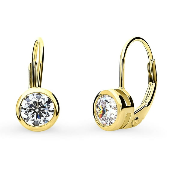 BERRICLE Sterling Silver Solitaire 1.2 Carat Bezel Set Round Cut Cubic Zirconia CZ Fashion Leverback Dangle Drop Earrings for Women, Yellow Gold Flashed