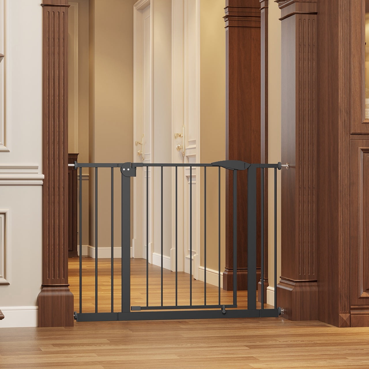29.5-44.1 in Wide Pressure Mounted Dog Gate for Stairs and Doorways, No Drill Walk-Through Metal Pet Gate, Black