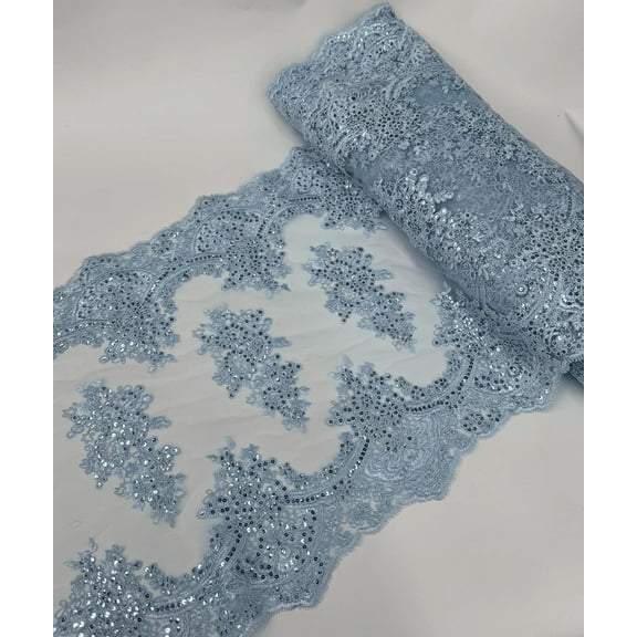 1 Yard (Baby Blue) 20" Wide Long Sequins Embroidered Lace Table Runner for Wedding Bridal Party table decoration, Trim Lace, Floral Table Runner Mesh Roll