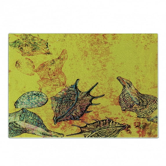 Seashells Cutting Board, Faded Style Distressed Backdrop with Seashells Underwater Marine Theme, Decorative Tempered Glass Cutting and Serving Board, Small Size, Yellow Teal, by Ambesonne