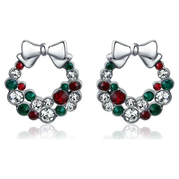 Bling Jewelry Womens Festive Bow Red Green White Crystal Wreath Stud Earrings in Silver