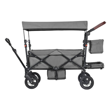KFFKFF Wagon Stroller for Two Kids, Push and Pull Design with Adjustable Handle, Safety Harness, Removable Canopy, 4 Wheels with Brakes, Versatile Tandem Stroller for Outdoor Activities in Dark Grey