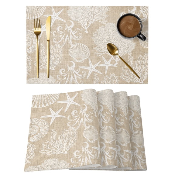 Brown Beige Coastal Placemats Set of 4 Nautical Coral Starfish Shell Octopus Sea Place Mats Indoor Wipeable Table Mats Washable Dining Table Placemats for Kitchen Holiday Party Home Decor 13x19 Inch
