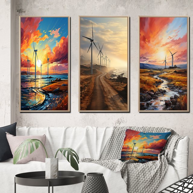 Designart "Ethereal Winds and Wind Turbines" Wind Turbines Framed Wall Art Set Of 3 - Multi-Color Wind Turbines Frame Gallery Wall Set For Home Decor