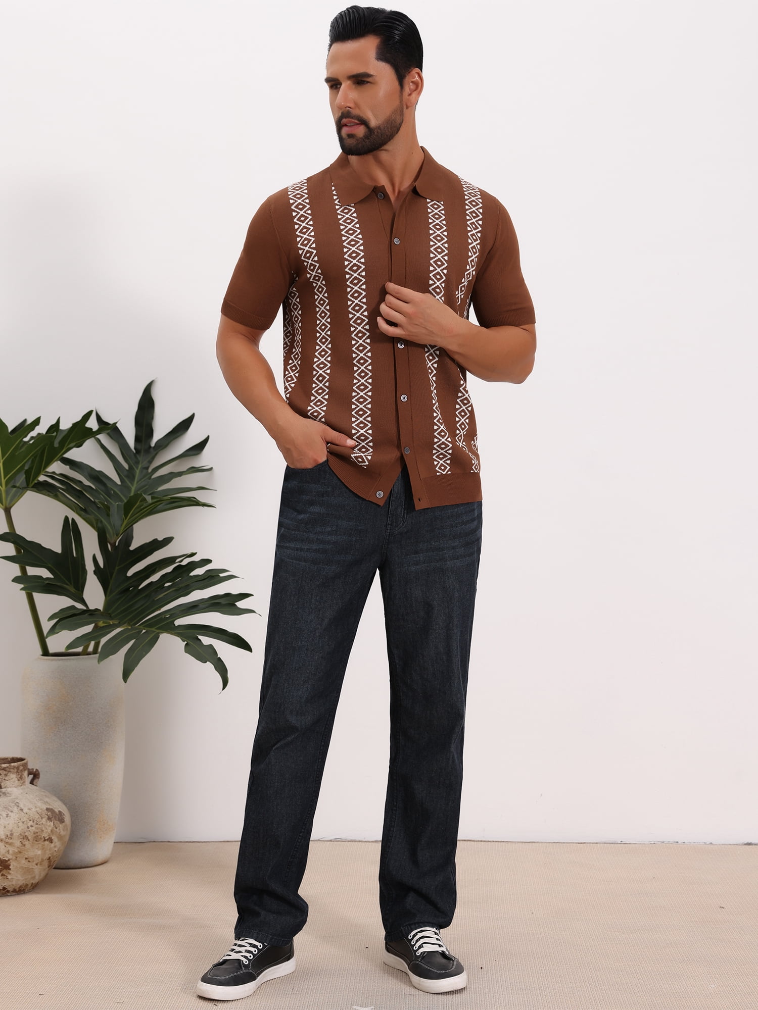 DARING DIVA Men's Jacquard Short Sleeve Button Down Knitted Golf Polo Shirts 2XL Brown