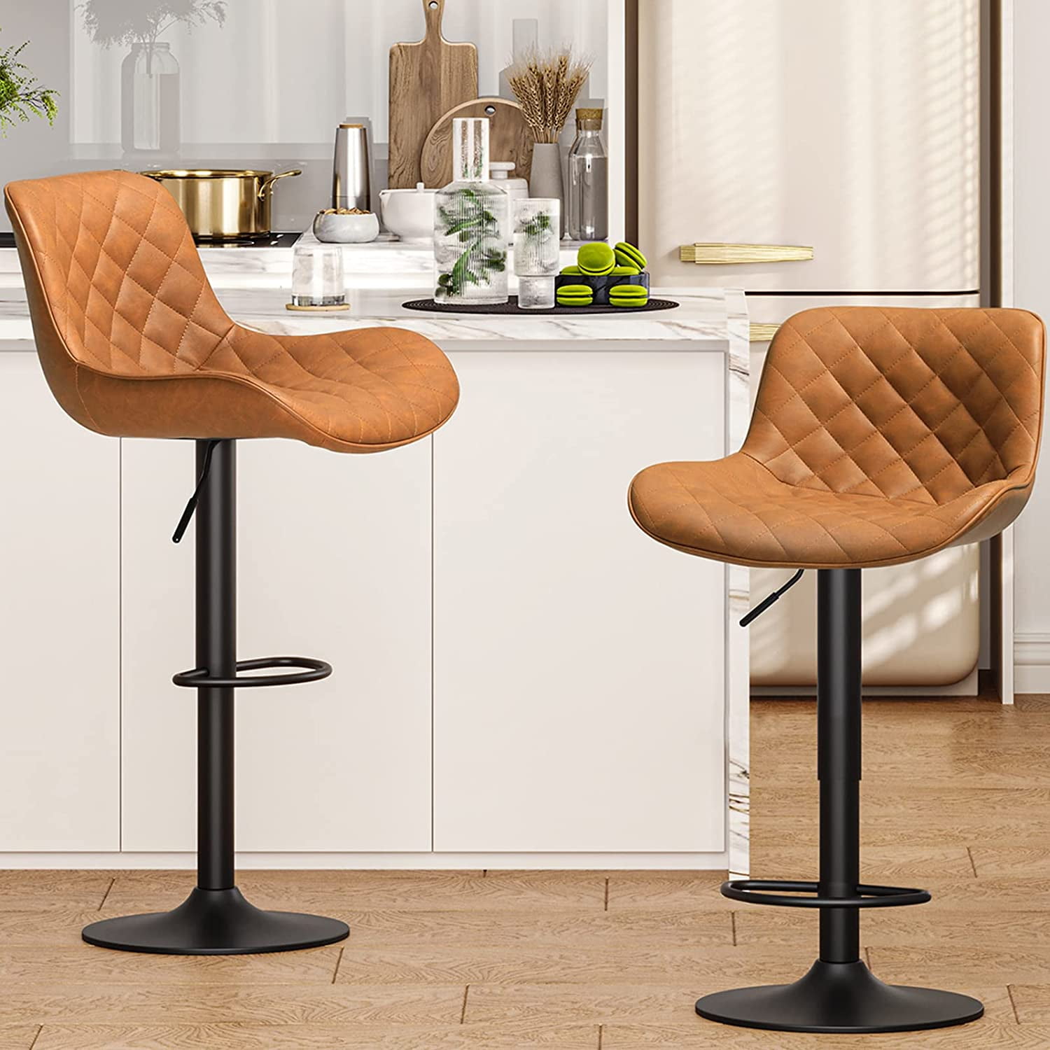 DICTAC Set of 2 PU Leather Bar Stools Bar Chairs Kitchen Pub, Brown