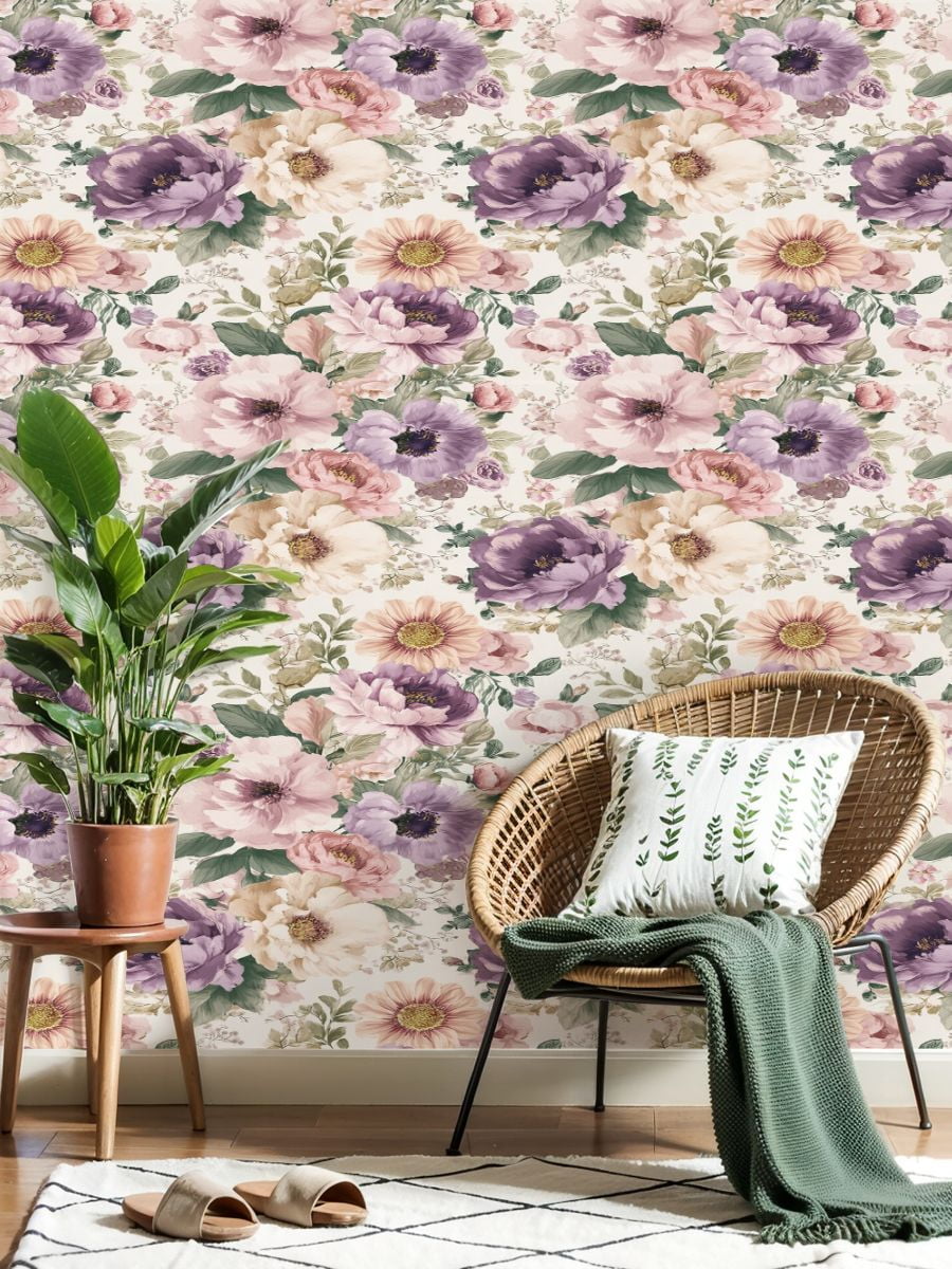 Flower Peel and Stick Wallpaper 17.7in x 9.8ft Floral Soft Pastels Blooms Lavender Peach Pink Contact Paper Vinyl Waterproof Self Adhesive Wall Paper for Bedroom Shelf Cabinet Renter Friendly