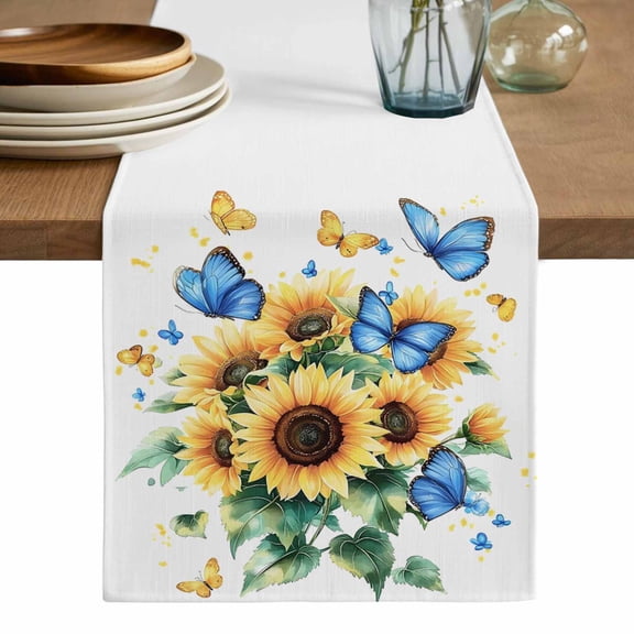 Sunflower Butterfly Table Runner, Yellow Blue Spring Pastoral Plant Washable Cotton Linen Table Runners 36 Inches Long, Dresser Scarf Runner for Nightstand/End Tables/Round Tables 13''x36''