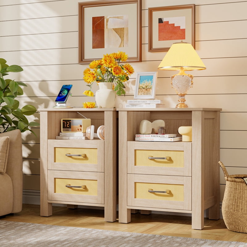 Vineego Rattan Nightstand Set of 2 with Power Outlet, End Table Beside Table with 2 Drawers & 1 Open Shelf for Bedroom Living Room, Beige