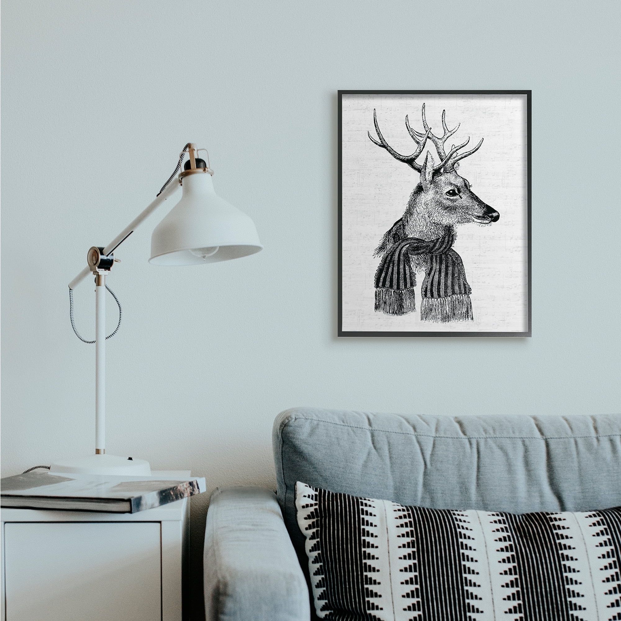 Stupell Industries Reindeer in Scarf Minimal Vintage Portrait Holiday Painting Black Framed Art Print Wall Art, 24 x 30