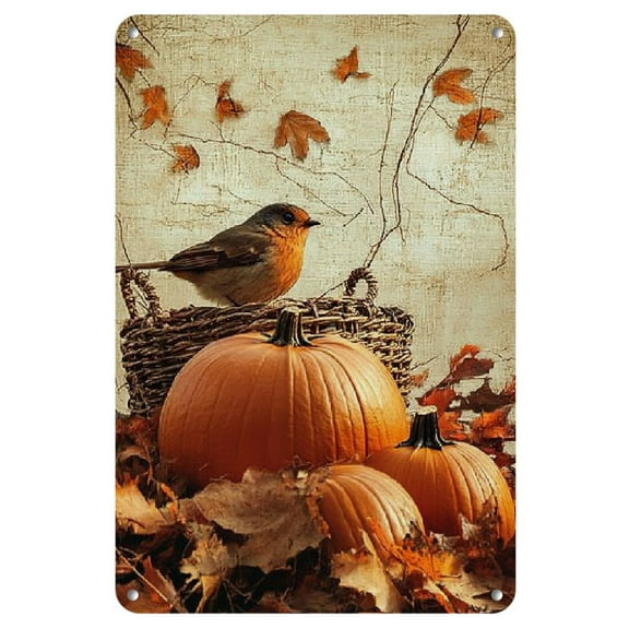 Vintage Pumpkin Patch Metal Tin Sign, Iron Wall Art, Rustic Autumn Leaves & Bird Decor, for Home, Gym, Cafe, Garage, Forest Garden - Indoor & Outdoor Retro Decoration, Pack of 1, 8x12 Inch