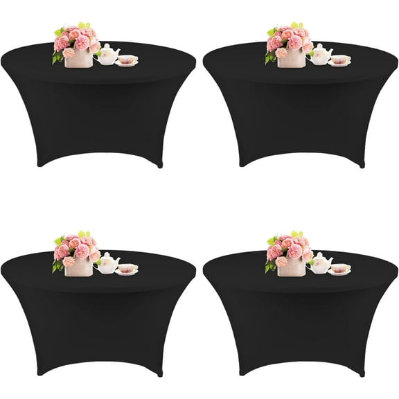 4 Pack 5FT Round Spandex Tablecloth 60 Inch Black Stretchable Table Cover Washable and Wrinkle Resistant Table Cloth, Fitted Round Table for Wedding, Banquet, Birthday, Party, Restaurant (Black)