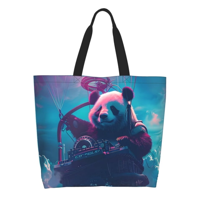 Adobk DJ Panda Hot Air Balloon Print Water-Resistant Tote Bag Lightweight Large Capacity Adjustable Strap Shopping Work Commute Essentials