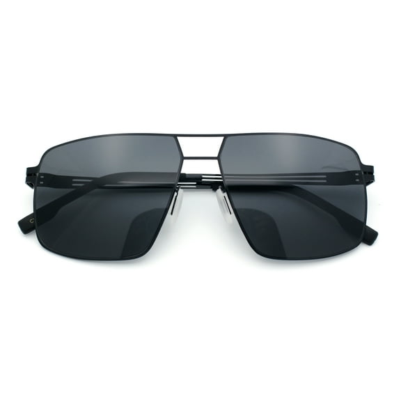 Mens Thin Metal Rim Spring Hinge Air Force Rectangle Officer Gentleman Sunglasses [All Black]