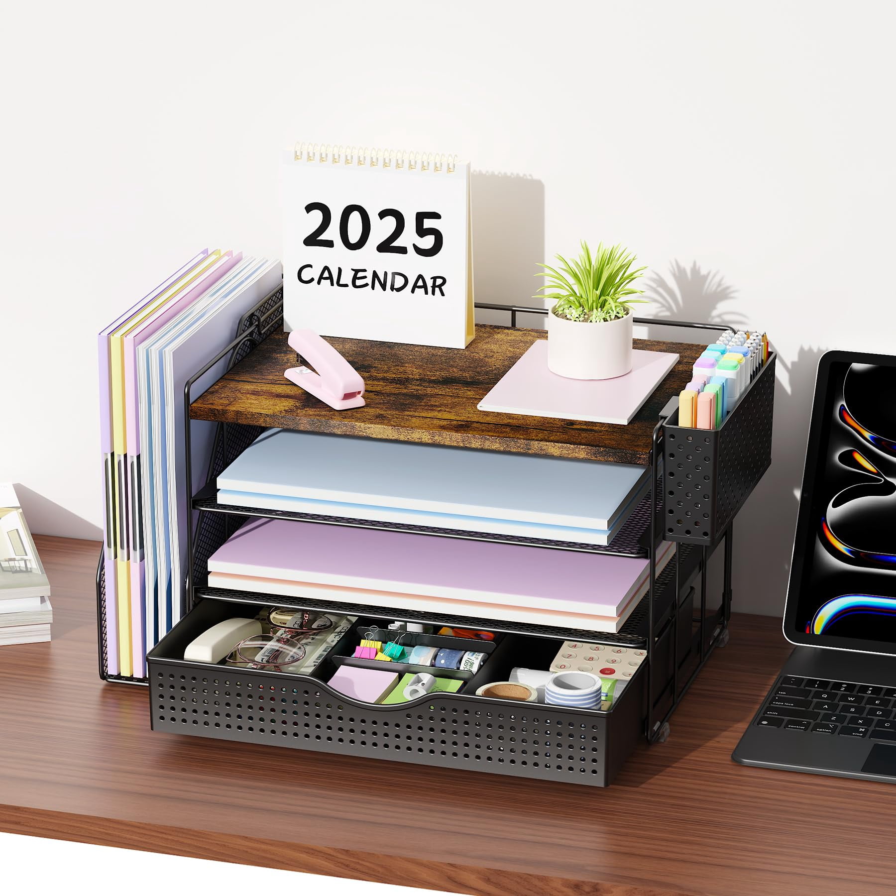 Wood Desk Organizers And Accessories With File Holder  4-tier & Workspace Drawer Pen Reference Organizer (wood)