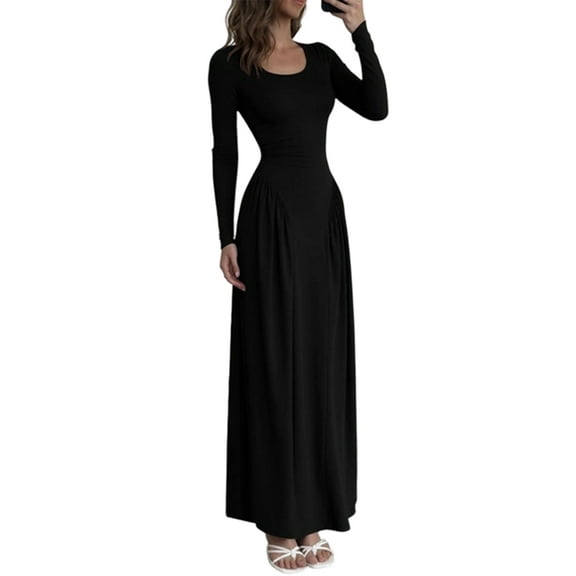 Women'S Casual Long Sleeve U-Neck Solid Color High Waist Bodycon Maxi Dress Black S
