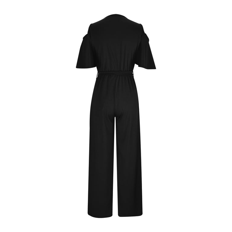 Amtdh Women's Trendy Jumpsuits Clearance Solid Color Prom Off-Shoulder  Sleeves V Neck Dressy Pants with Tie Knot Plus Size Lightweight Casual  Loose