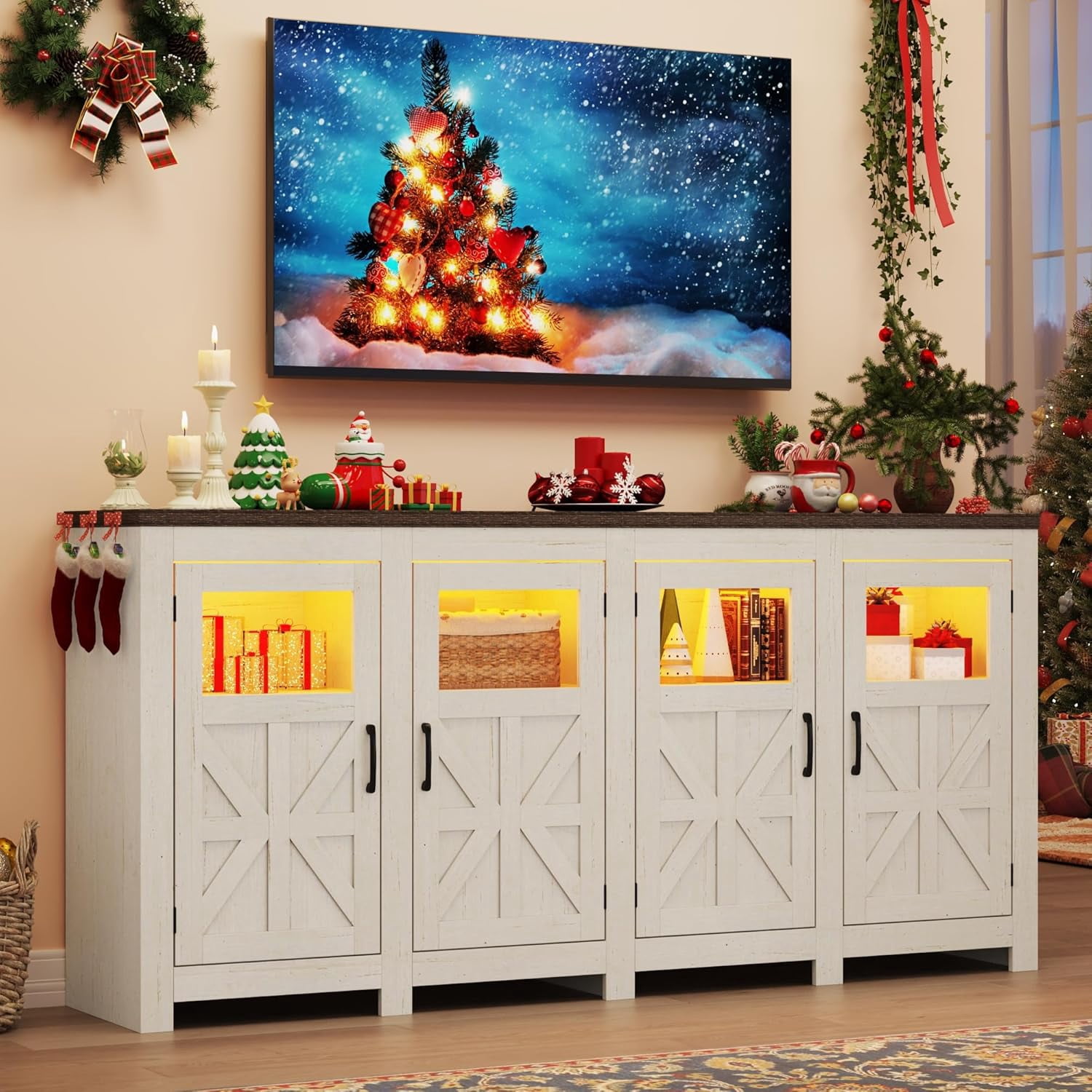 ChVans LED Farmhouse TV stand for up to 85" TVs with Power Outlet, 74" Large Entertainment Center Console Table, 33.5" Tall Rustic Media Console w/Storage Shelves for Living Room