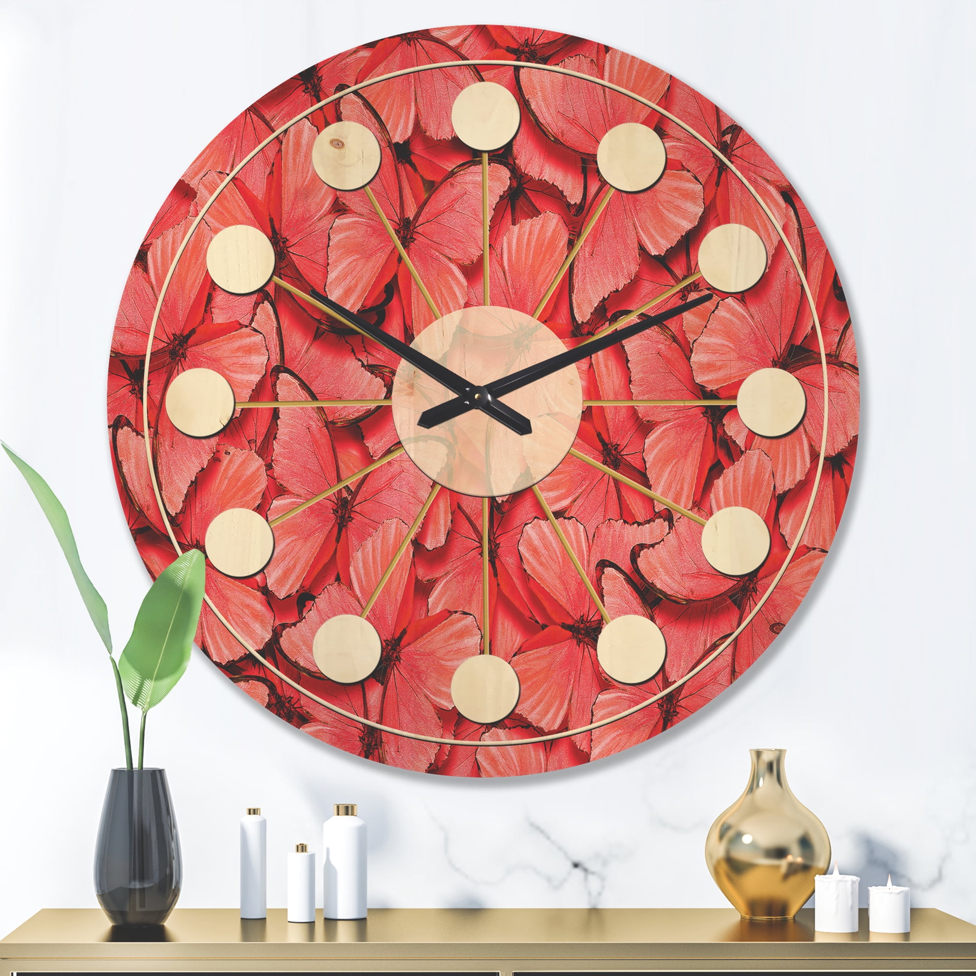 Designart 'Red Pink Butterflies' Mid-Century Modern Wood Wall Clock