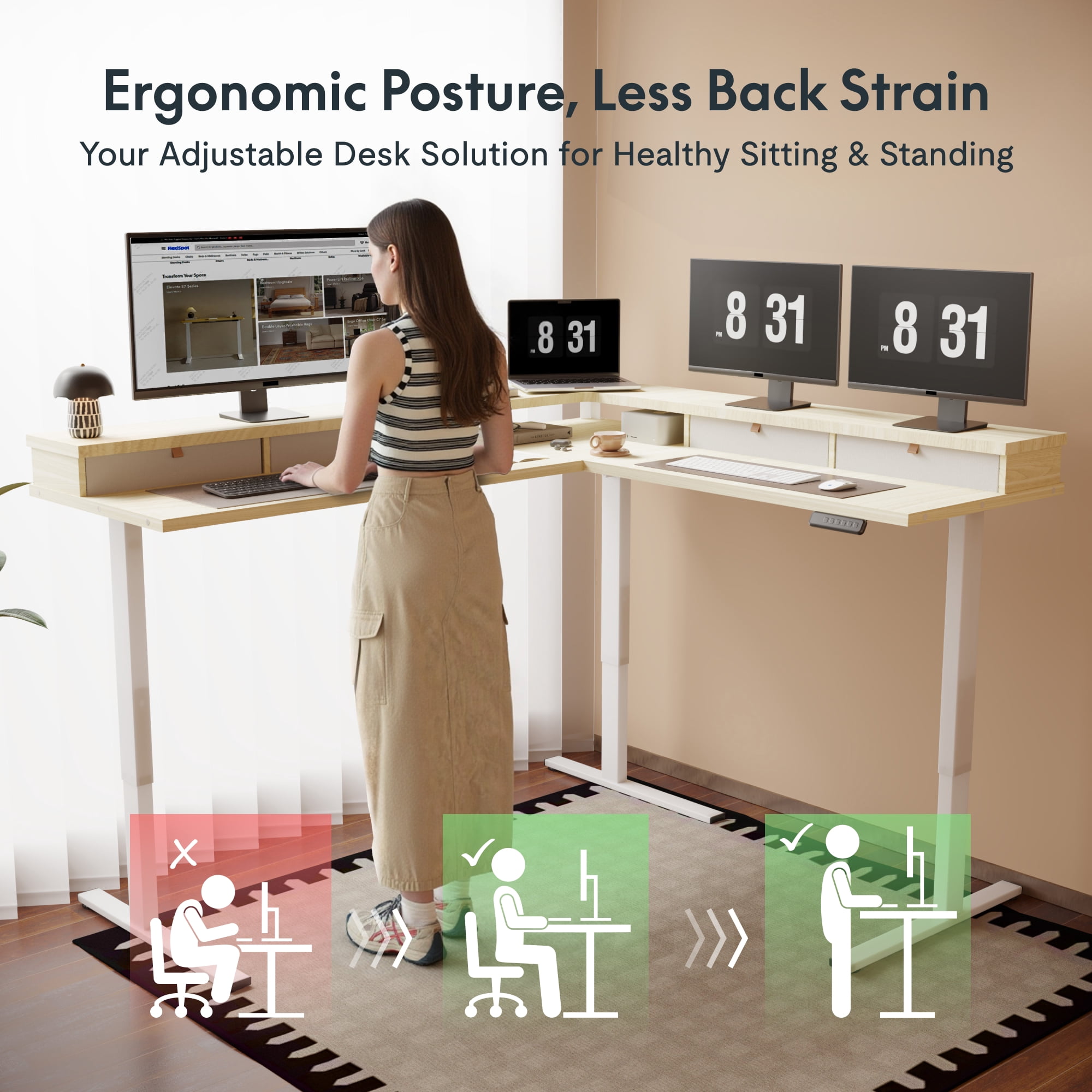 FitStand 63'' L Shaped Electric Standing Desk, Height Adjustable Electric Corner Standing Desk with Shelf and Drawers, Wood Grain