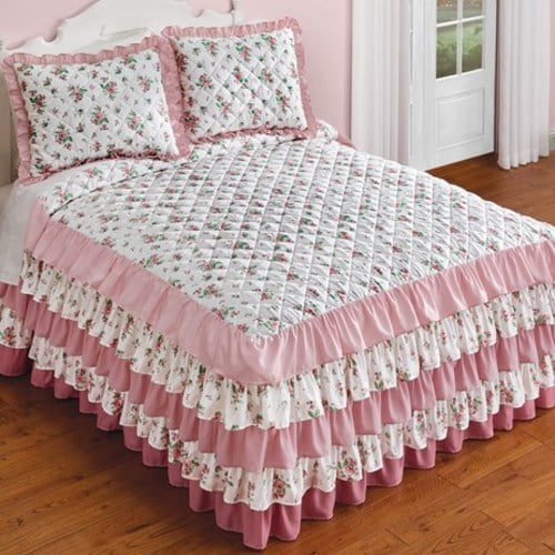 8 Tier Luxurious Rosebud Ruffled BedspreadPink FlowersKing Walmart