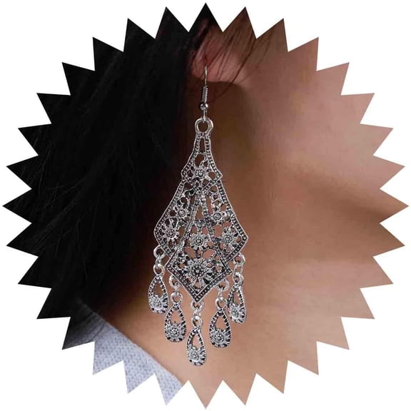 Vintage Filigree Tassel Earrings Silver Fringe Chandelier Earrings Tribal Hollow Out Filigree Earrings Long Chain Earrings Gypsy Statement Earrings Jewelry for Women