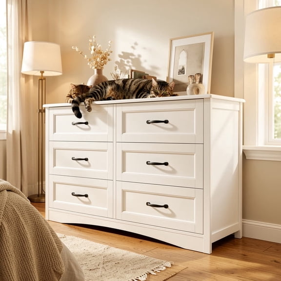 Dresser for Bedroom, 6 Drawer Dresser with Metal Handles, Modern Chest of Drawers for Living Room, Hallway, Bedroom Furniture, White