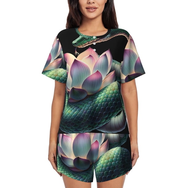 Balery Snake Holding A Lotus Conjunto de Pijama para Mujer con Estampado, Dos Piezas de Manga Corta y Shorts, Ropa de Dormir Suave con Cuello Redondo y Bolsillos-Small