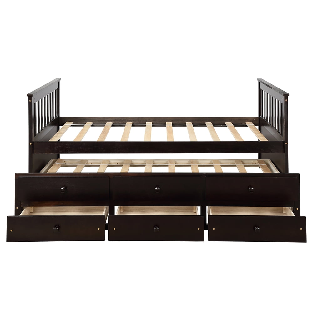 Lowestbest Solid Wood Captain's Bed, Twin Daybed with Trundle Bed and 3 Storage Drawers