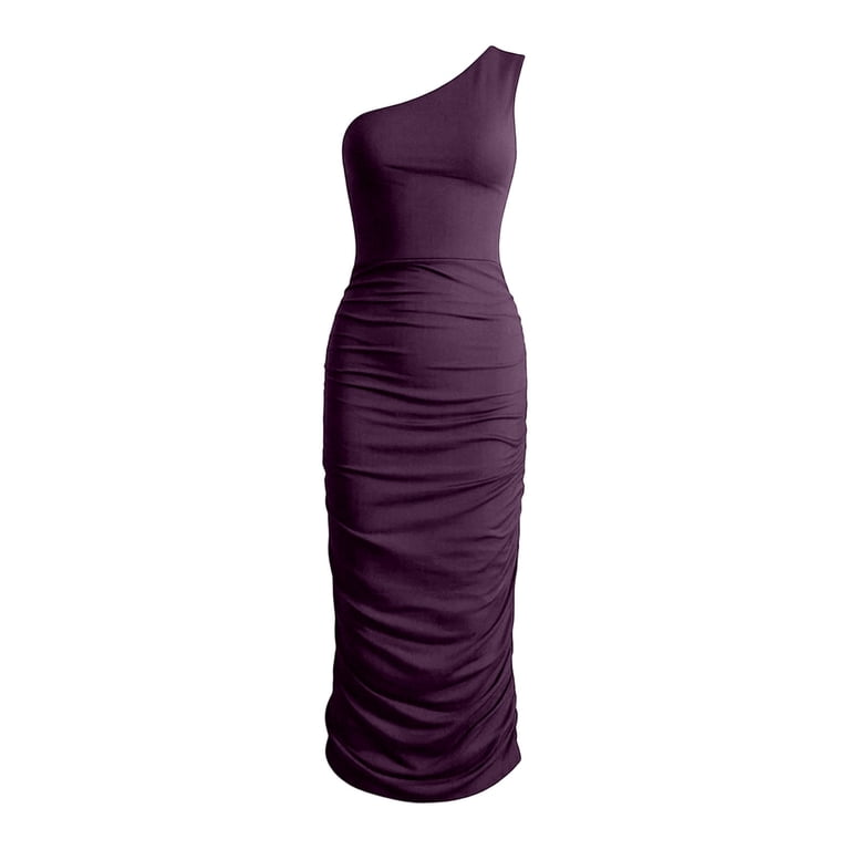 dark purple dress homecoming IWRICH Women's Bodycon One Shoulder Sleeveless Ruched Midi Club Party Graduate Gown S collection-cocktaildresses color-purple