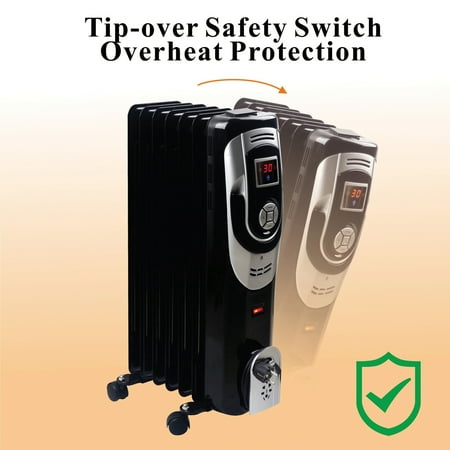 

CFY H-6015 3-Setting 1 500-Max 7-Fin Portable Oil-Filled Radiator Heater with Digital Display Timer Thermostat and Wheels