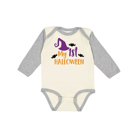 Inktastic My First Halloween, Witch Hat, Bats - Purple Black Boys or Girls Long Sleeve Baby Bodysuit