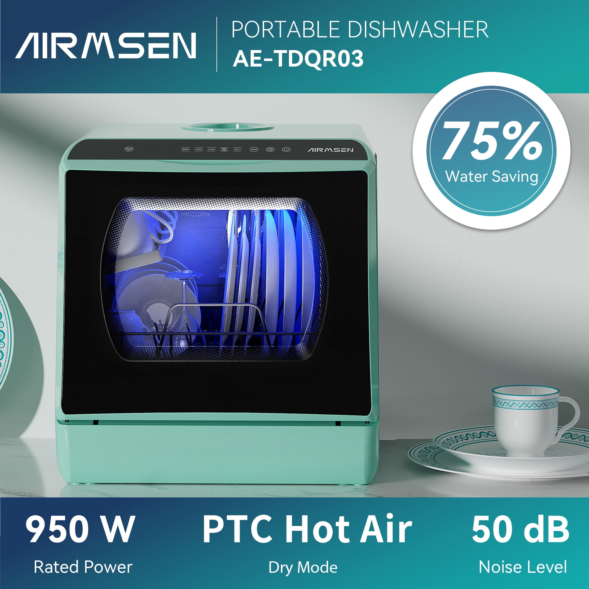 AIRMSEN Portable Countertop Dishwasher with 5-Liter Built-in Water Tank and Air-Dry Function, 5 Washing Programs Mini Dishwasher, Mint Green