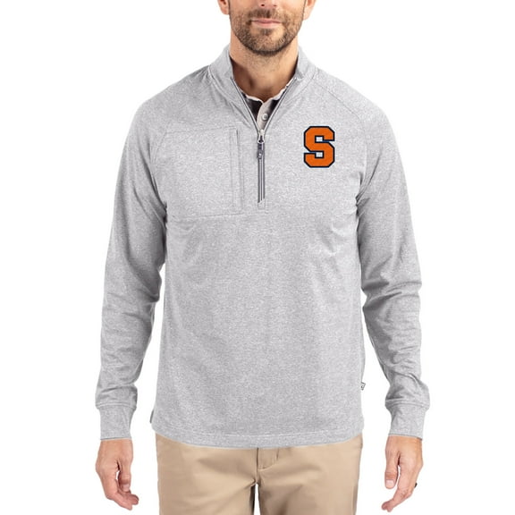 Women's-Cutter & Buck  Heather Gray Syracuse Orange Adapt Eco Knit Stretch Recycled DryTec Raglan Quarter-Zip Pullover