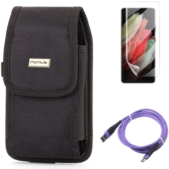 Matte Screen Protector & 10ft USB Cable & Case Belt Clip for Samsung Galaxy S21 Ultra Phone - TPU Film Anti-Glare & Purple Type-C & Swivel Holster Accessory Bundle