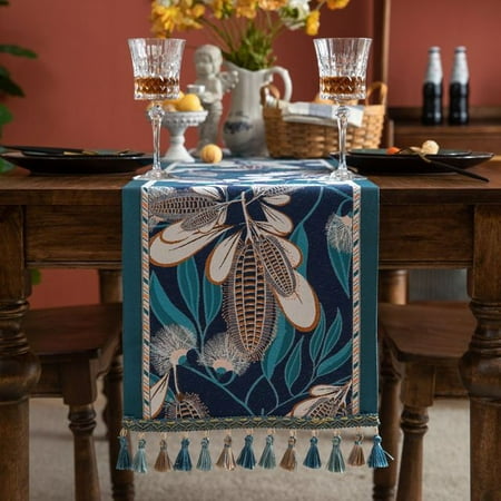 

UMMH Macrame Table Runner with Tassel Pendant Retro Flowers Rectangular Thick Tablecloth Bar Home Dining Table Decor