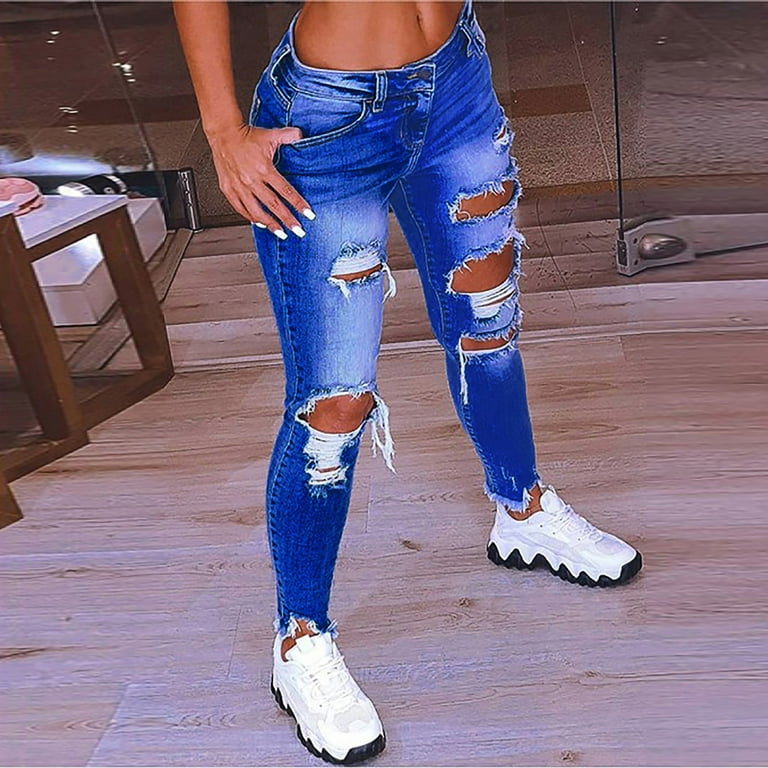 Bigersell Women's Modern Straight Jeans Full Length Pants Jeans Women Solid  Color Blue Hole High Jeans Flares Ankle Fashion Pants Trouser Ripped High  Waist Jeans for Ladies 