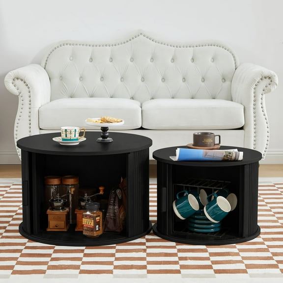 WIRRYTOR Black Round Nesting Coffee Tables Set of 2 With storage, Mid Century Modern Fluted Circle Wooden Side Table with Sliding Door for Living Room