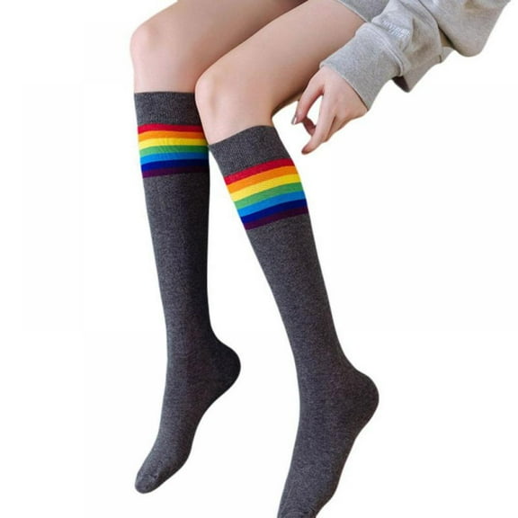 Women Mid-tube Cotton Socks,Soft Breathabble Striped Rainbow Print Knee Socks-Thin-Worn in All Seasons