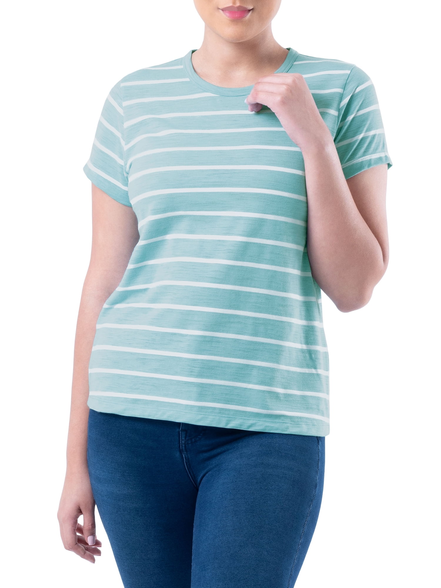 Time and Tru Womens Striped Short Sleeve Slub Crew Neck T-Shirt, 2-Pack