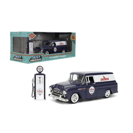 Jada 35044 1957 Chevrolet Suburban Chevron Dark Blue with White Stripes & Chevron Gas Pump Just Trucks Series 1-24 Scale Diecast Model Car